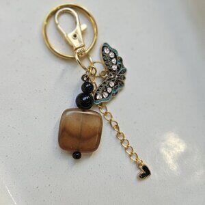 Brown Stone Beaded Keychain with Enamel Butterfly and Black Heart Charm